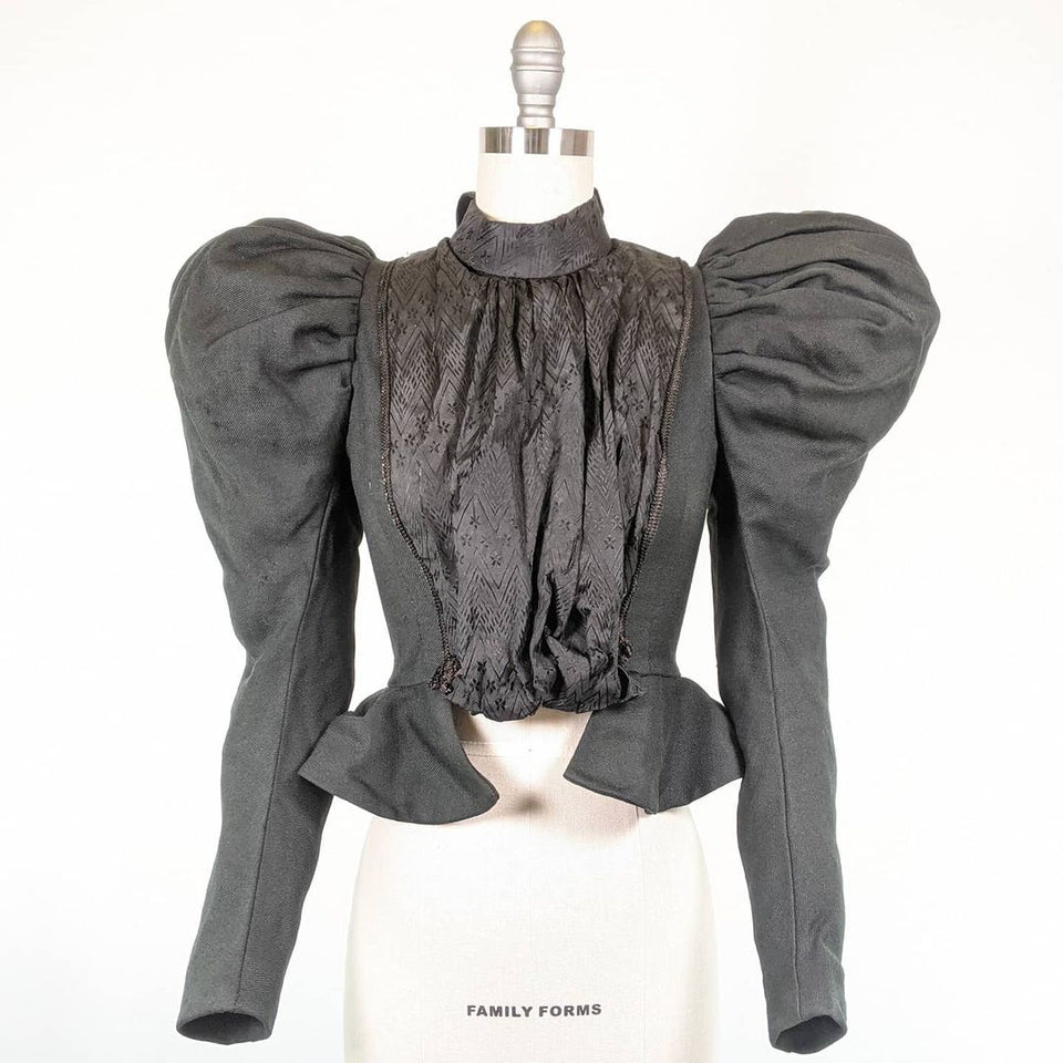 1890s Black Gigot Sleeve Bodice | Wool + Silk