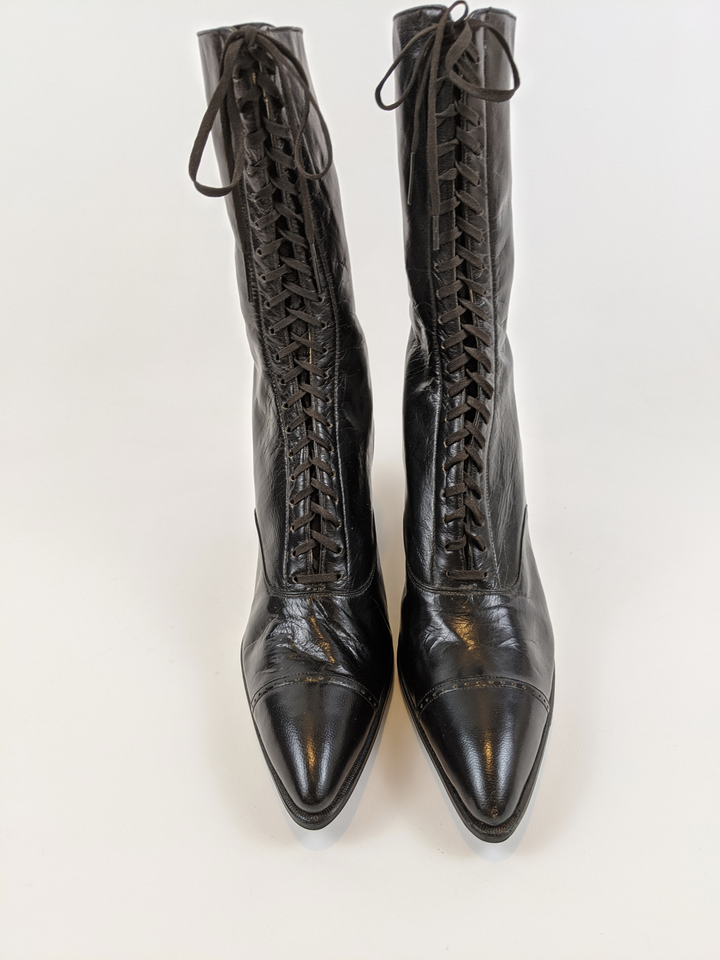 1920s Black Lace Up Louis Heel Boots | Approx Sz 6.5-7