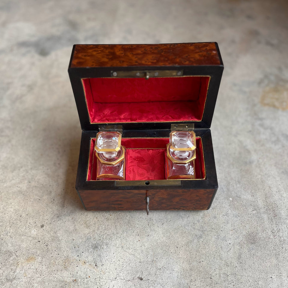 19th c. Walnut Burl Music Box + Perfume Case
