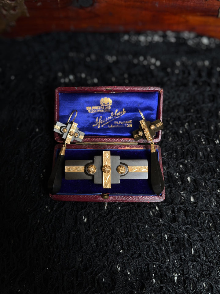 Victorian Vulcanite 14k Gold Demi Parure | Antique Jewelry Set