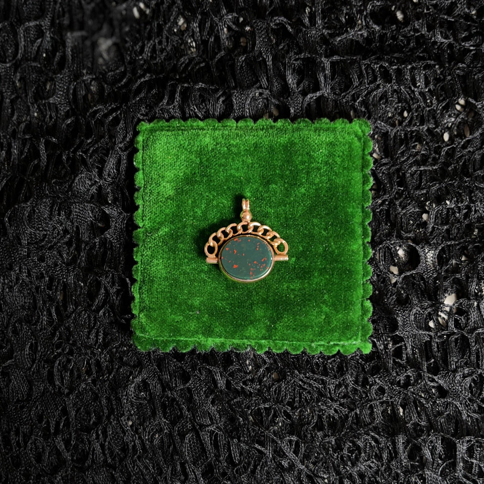 c. 1900s 9k Gold Bloodstone Swivel Fob Pendant | Antique Edwardian Jewelry