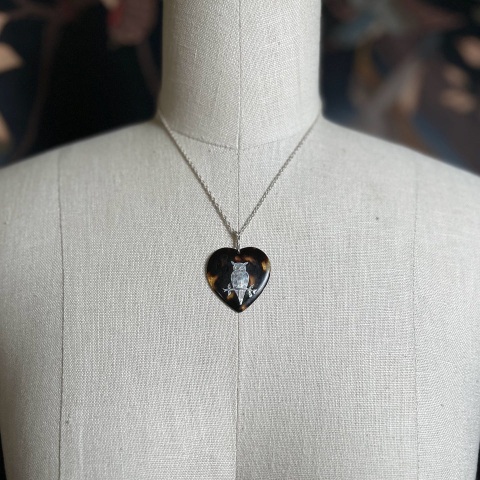 19th c. Tortoise Shell Heart Owl Necklace