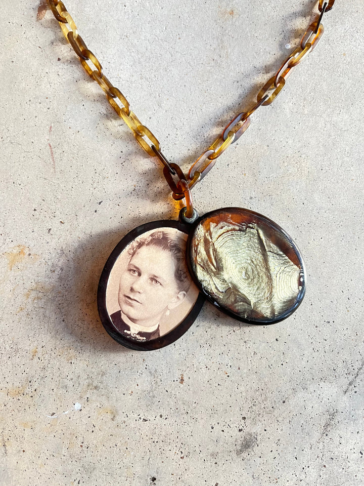 c. 1890s Faux Tortoise Shell Slide Locket + Chain