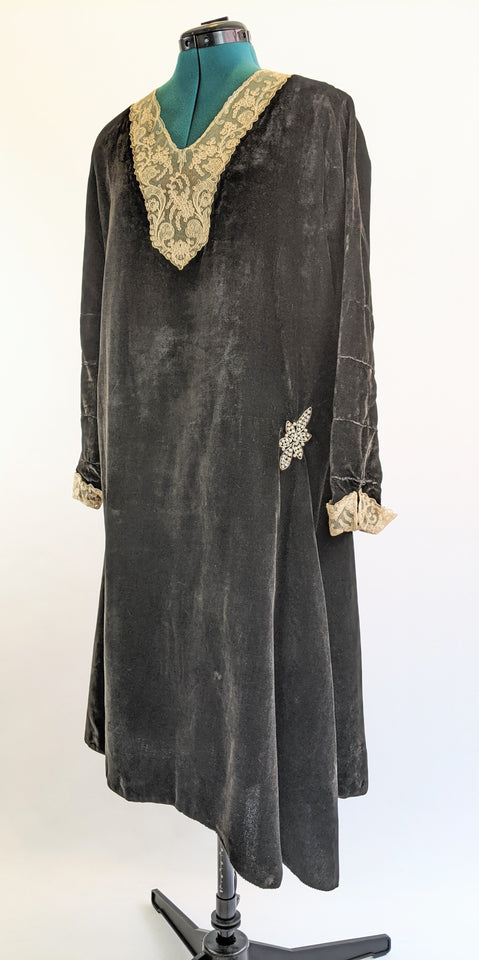 1920s Black Velvet Dress with Asymmetrical Hemline