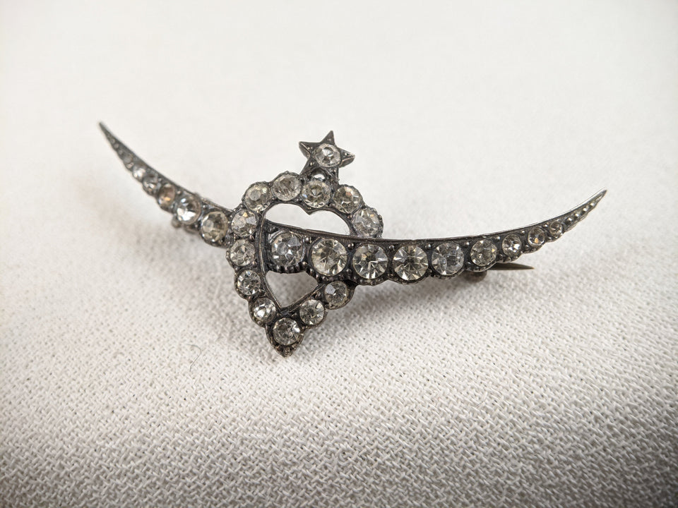 Victorian Silver Witch's Heart Crescent Moon Brooch