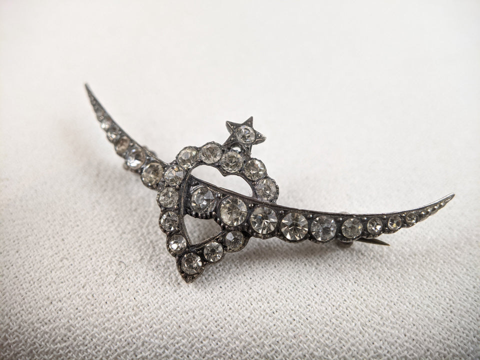 Victorian Silver Witch's Heart Crescent Moon Brooch