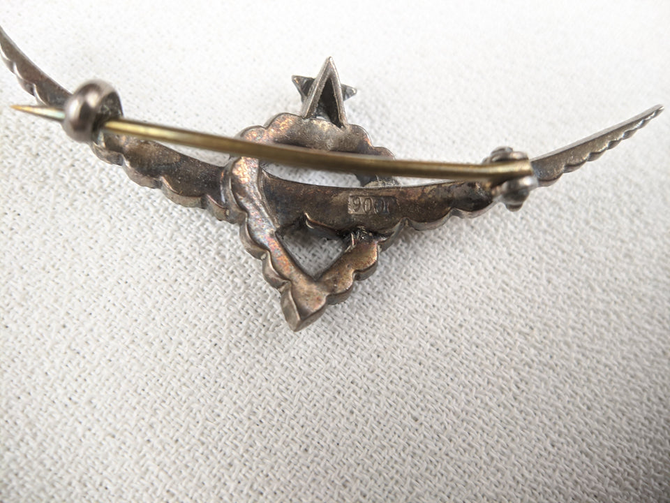 Victorian Silver Witch's Heart Crescent Moon Brooch