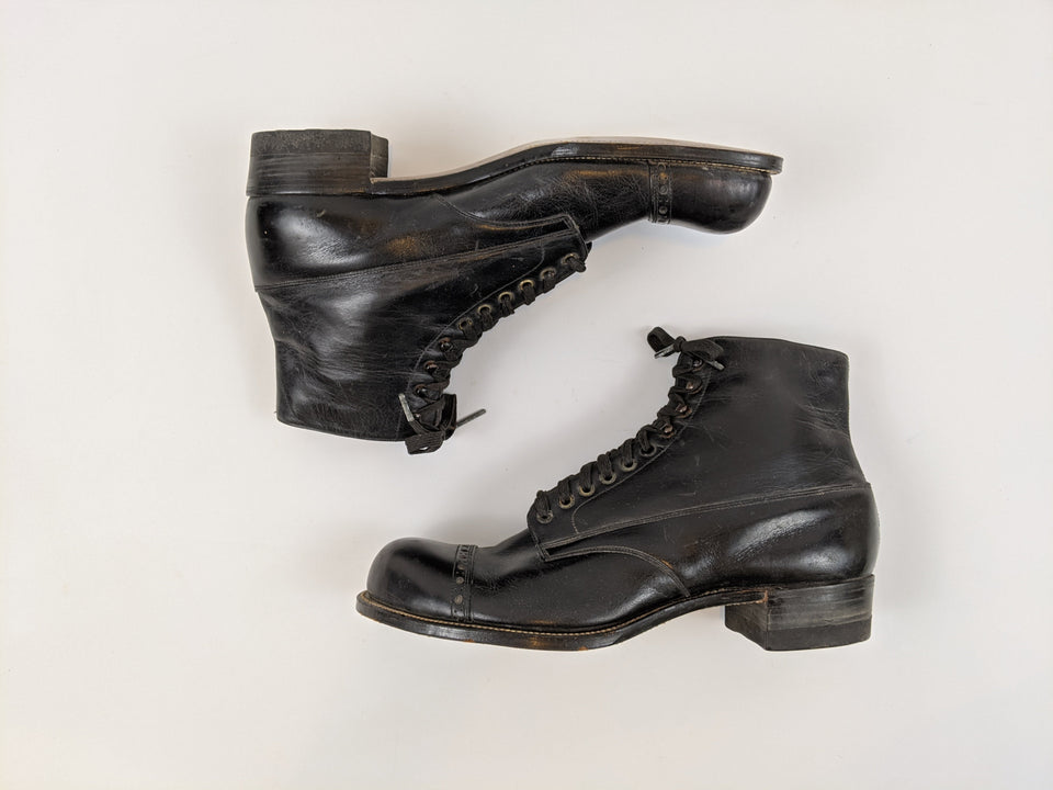 RESERVED | 1910s Black Lace Up Boots | Approx Sz 7.5-8