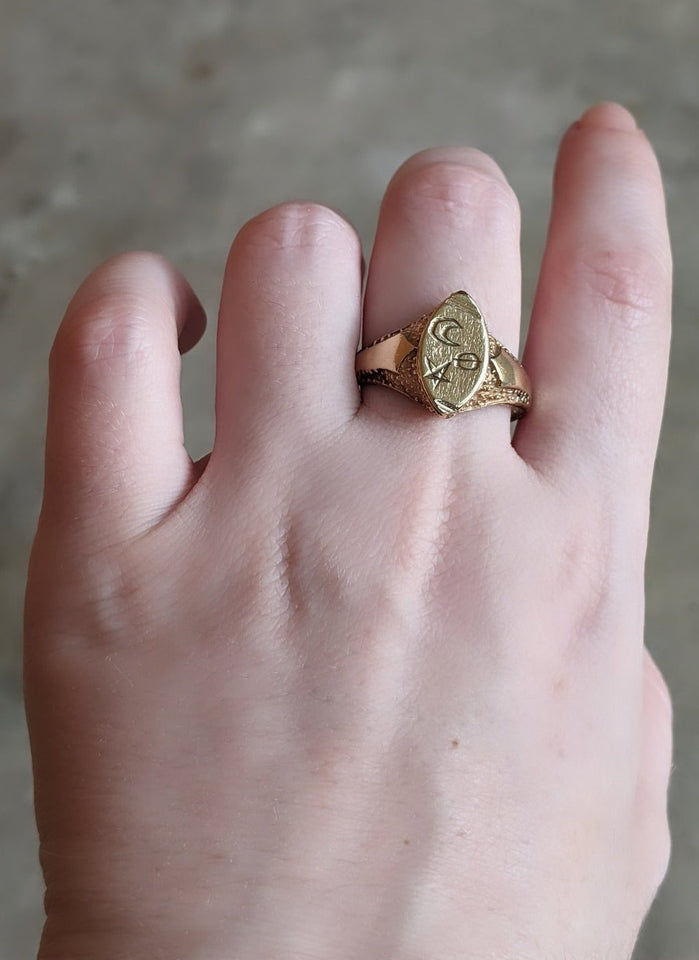 14k Gold Celestial Signet Ring c. Turn of the Century