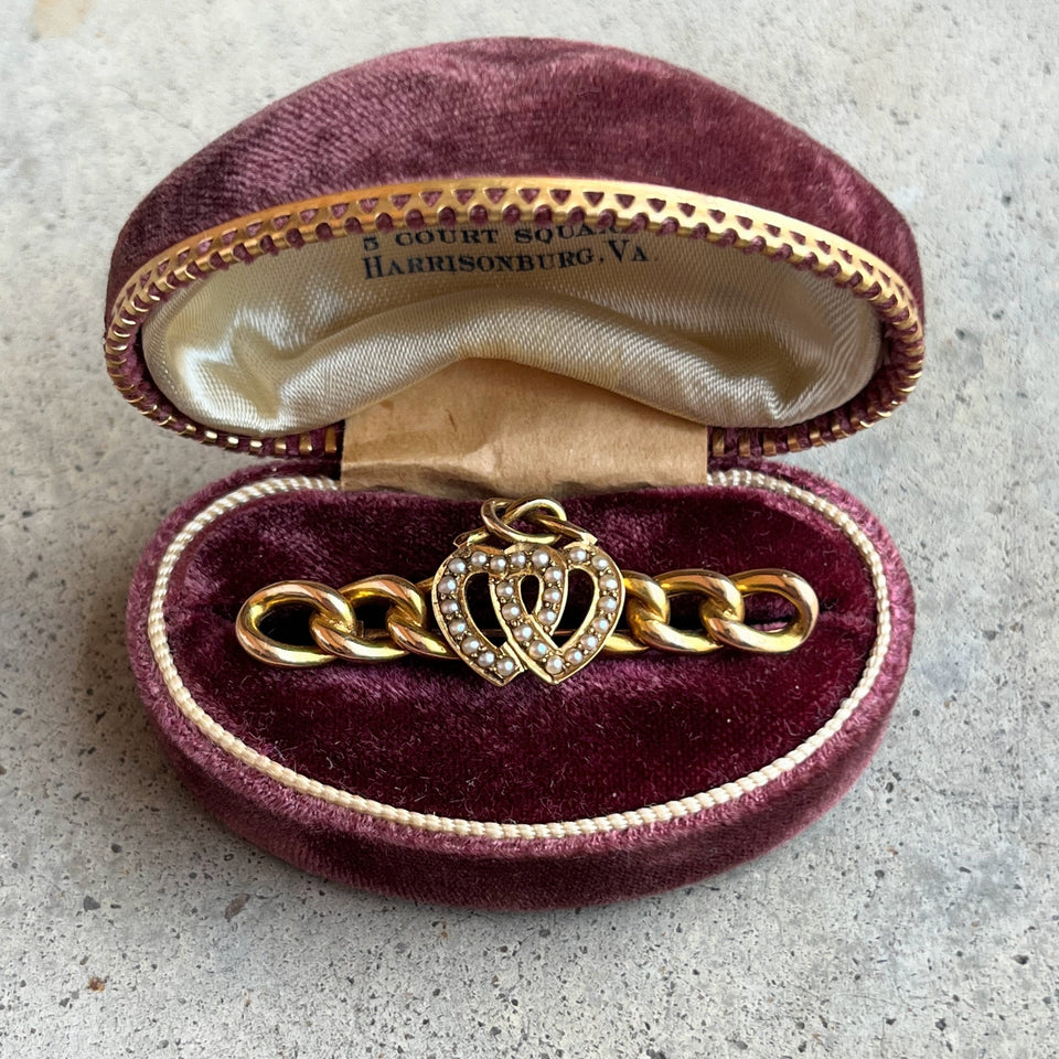 Late 19th c. 14k Gold Lover's Knot Double Heart Brooch