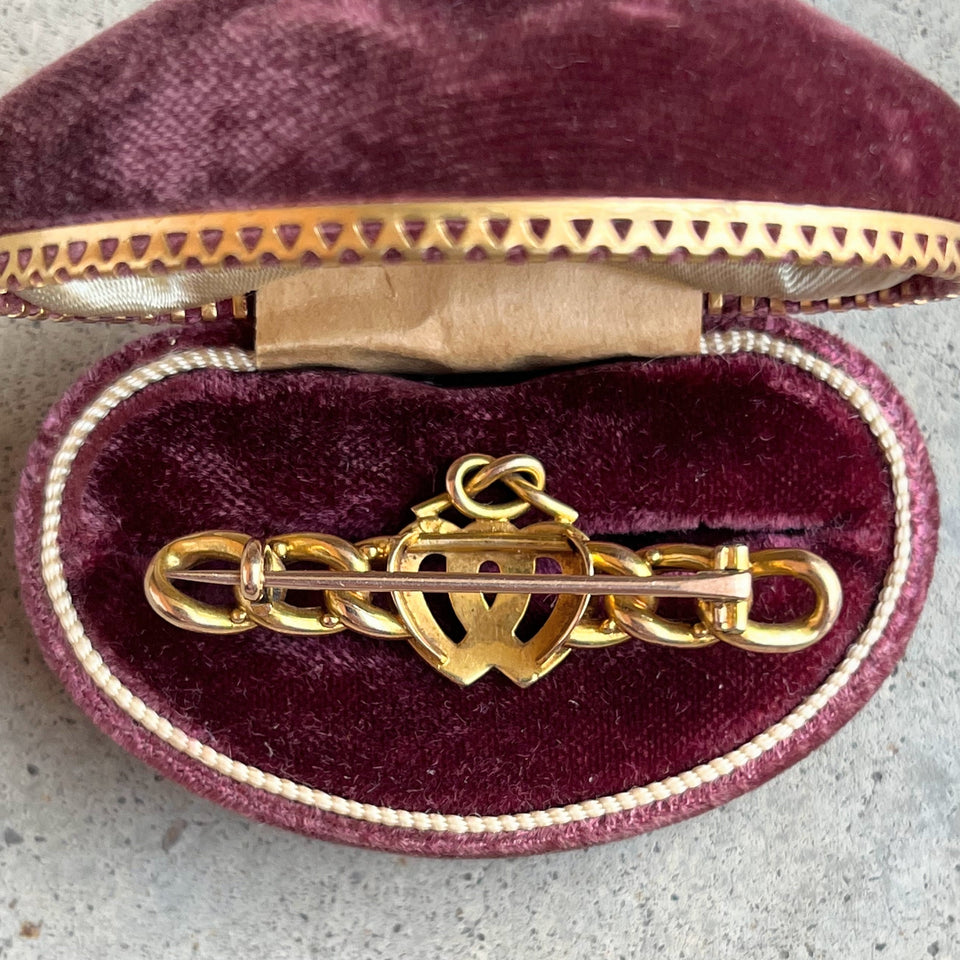 Late 19th c. 14k Gold Lover's Knot Double Heart Brooch