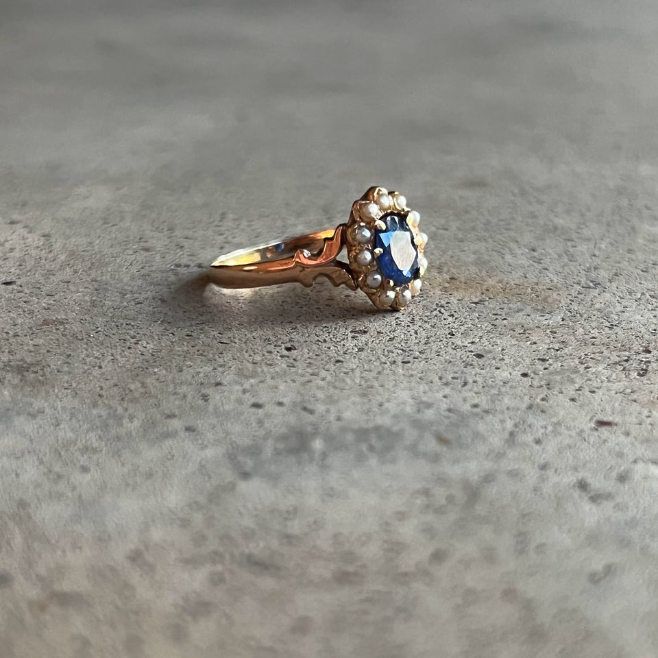 c. 1890s-1900s 12k Gold Sapphire Pearl Ring