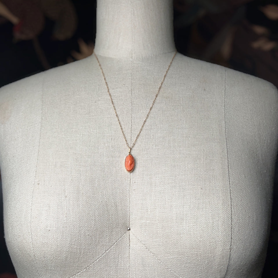 c. 1910s 14k Gold Carved Coral Goddess Diana Cameo Pendant