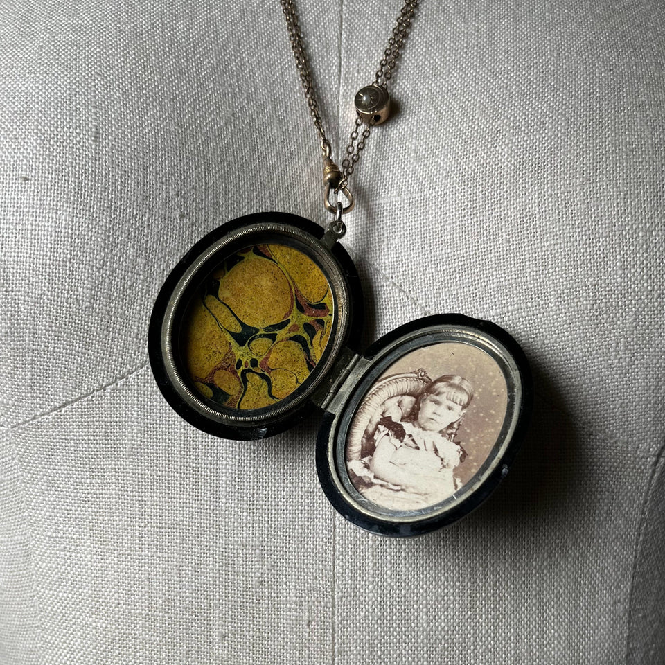 RESERVED c. 1870s-1880s Faceted Jet + Split Pearl AEI Locket