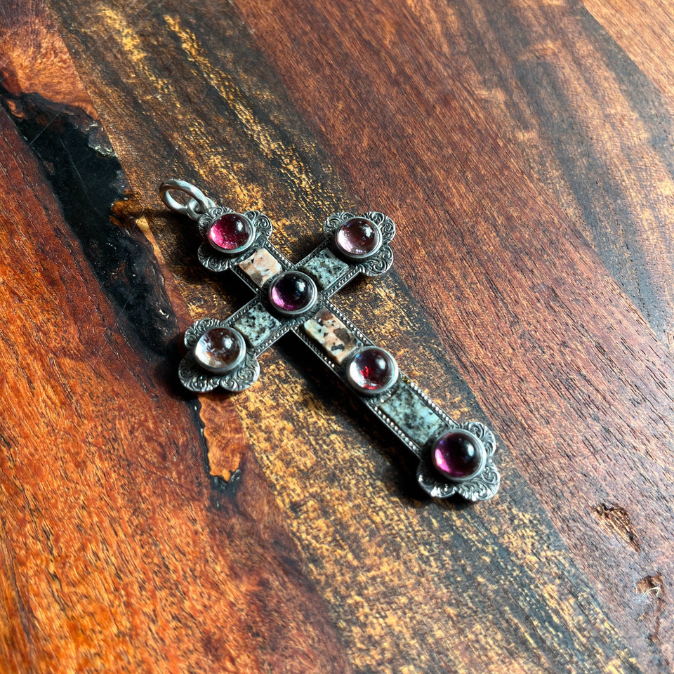 19th c. Sterling Silver Scottish Granite + Gemstone Cross Pendant