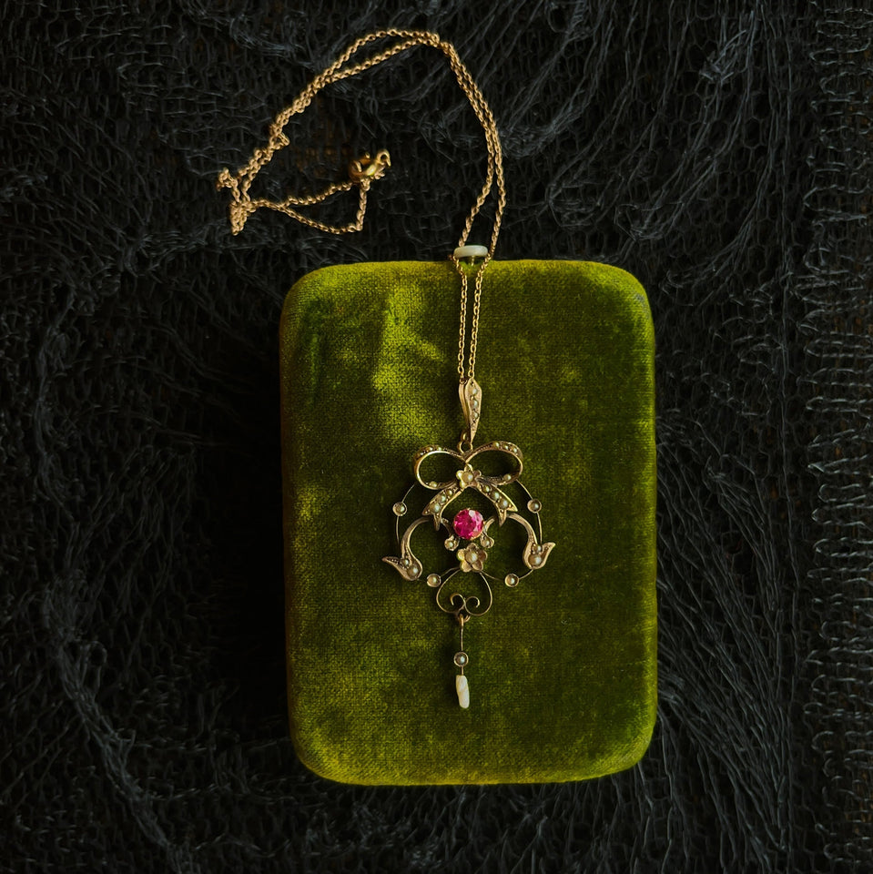 c. 1900s-1910s 9k Gold Ruby Pearl Necklace