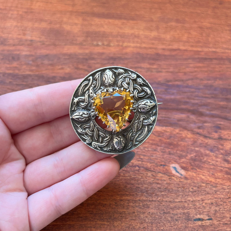1948 Sterling Silver Scottish Citrine Heart Brooch