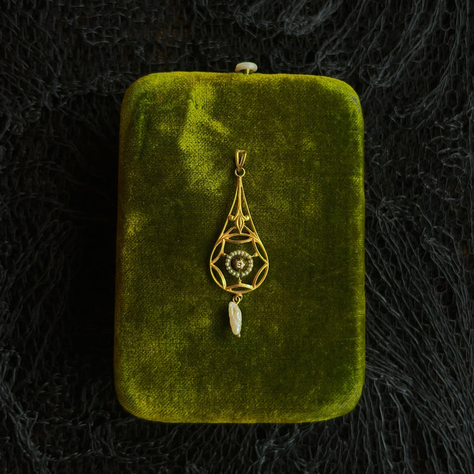 c. 1910s 10k Gold Diamond Pearl Lavalier Pendant