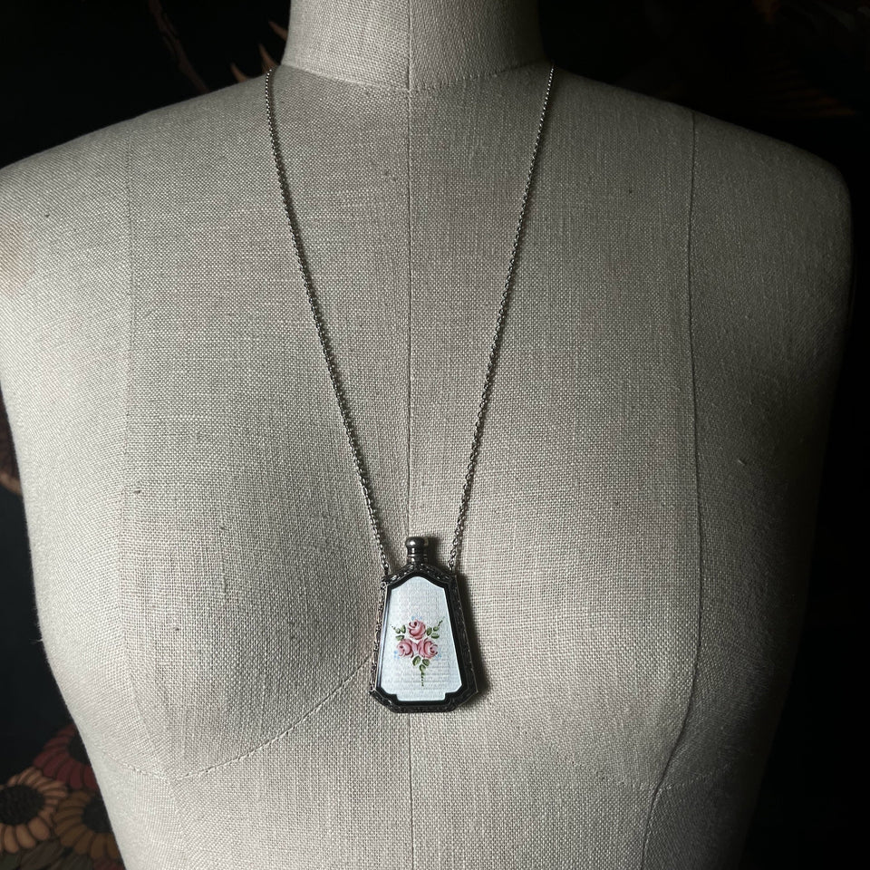Art Deco Silver Guilloche Enamel Perfume Bottle Necklace