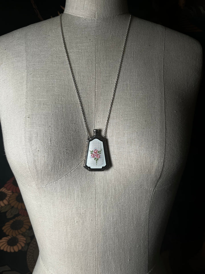 Art Deco Silver Guilloche Enamel Perfume Bottle Necklace