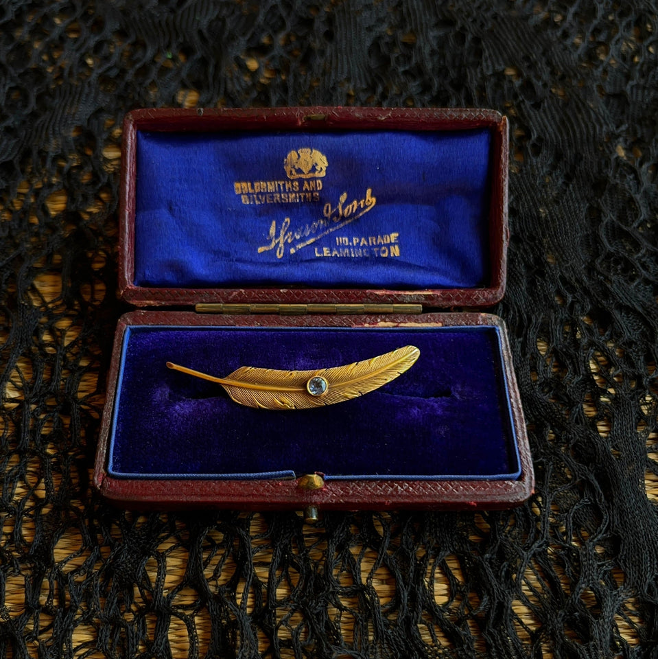 c. 1910s-1920s Wordley Allsopp & Bliss 14K Gold Sapphire Feather Brooch
