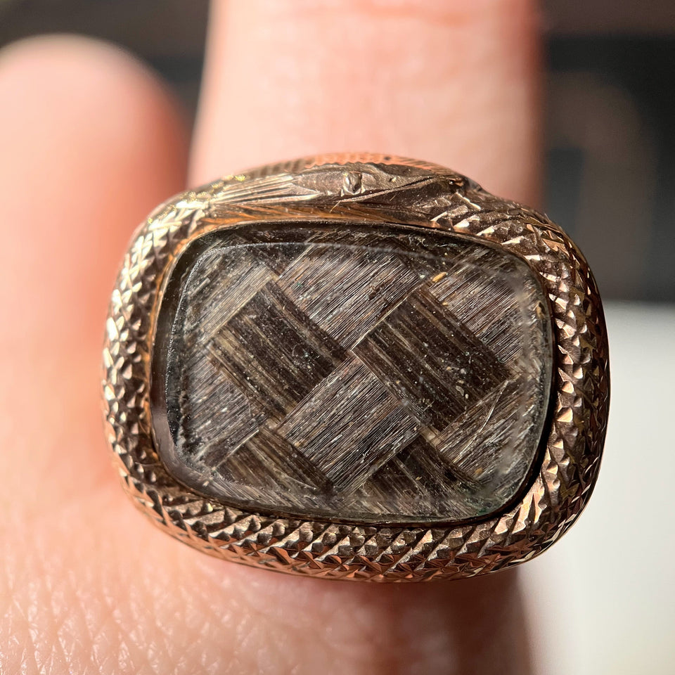 Early 19th c. Ouroboros Snake + Woven Hair Conversion Ring