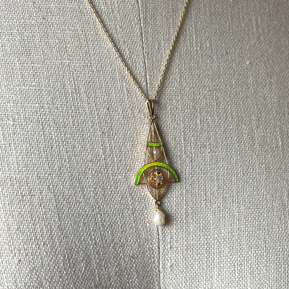 c. 1900s-1910s Plique a Jour Lavaliere Necklace
