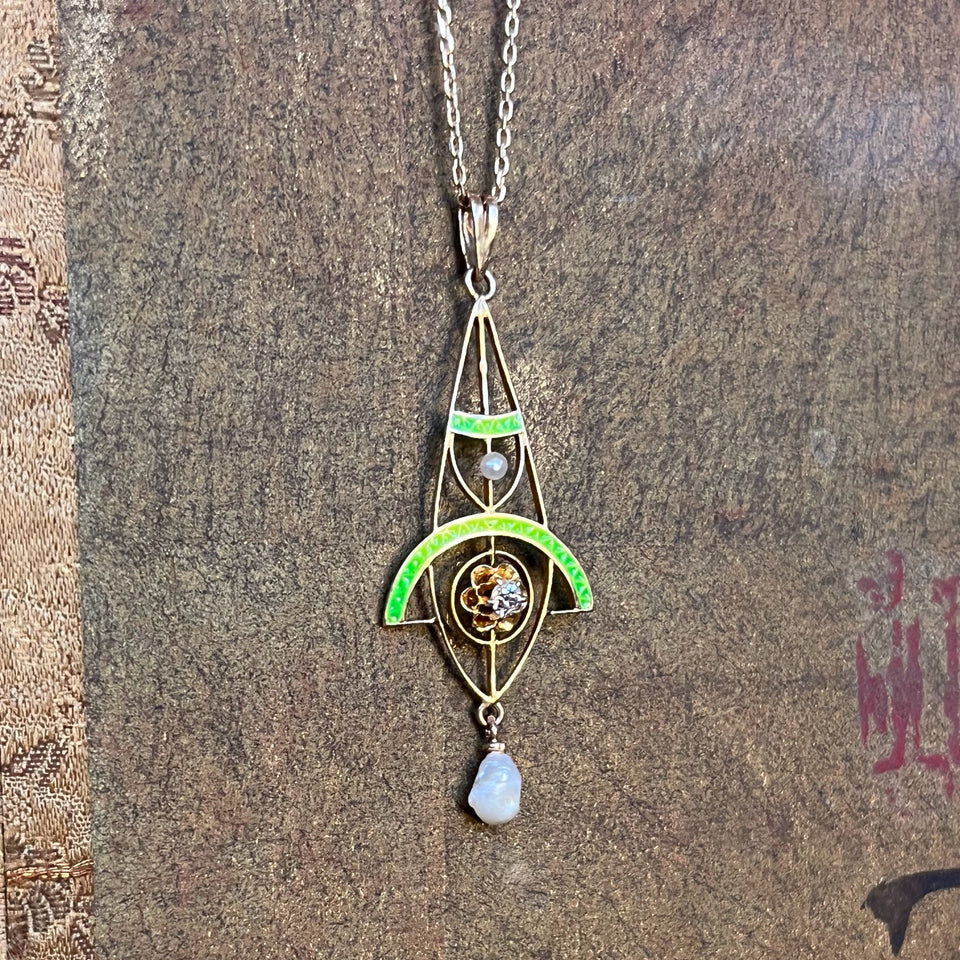 c. 1900s-1910s Plique a Jour Lavaliere Necklace