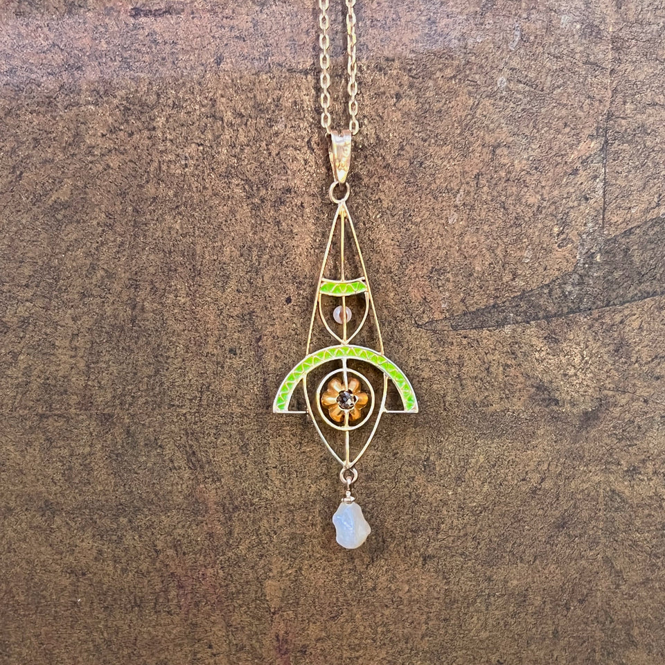 c. 1900s-1910s Plique a Jour Lavaliere Necklace