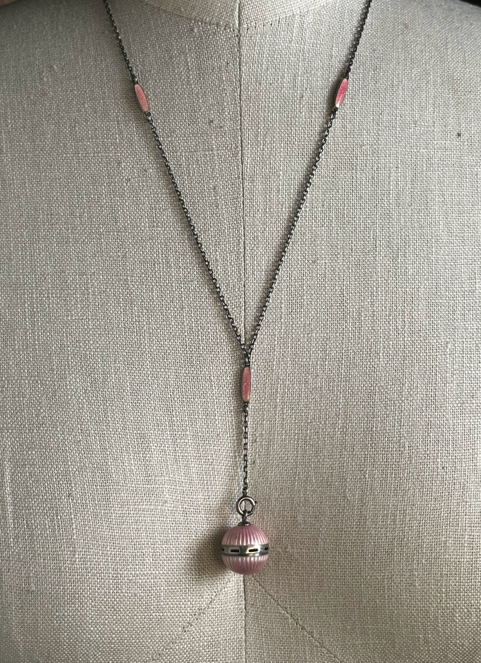 c. 1910s Pink Guilloche Enamel Vinaigrette Necklace