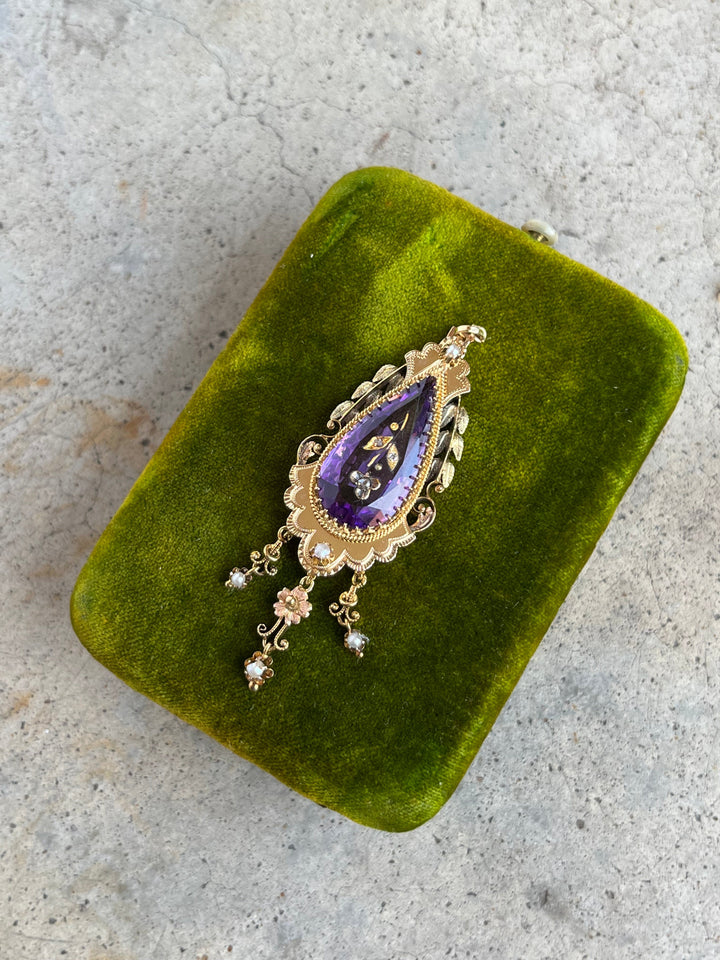 c. 1870s-1880s Rose of Sharon 14k Gold Amethyst Diamond Pendant