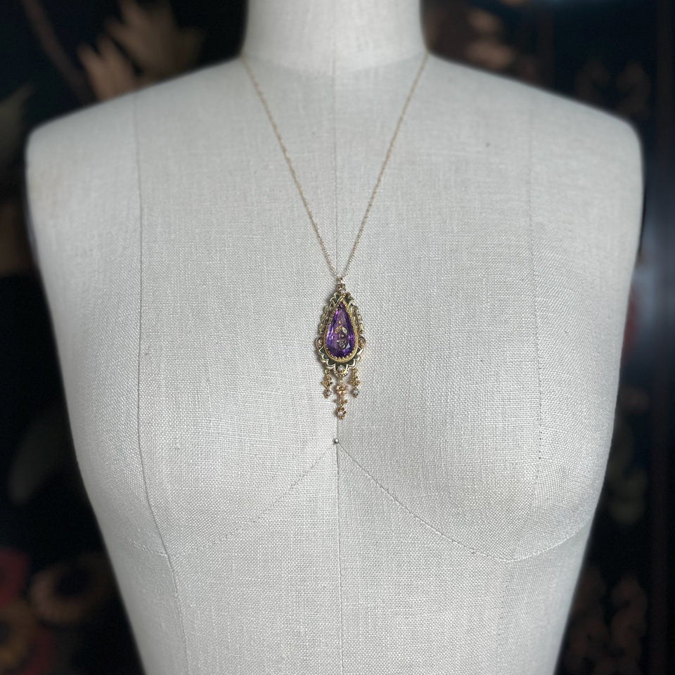 c. 1870s-1880s Rose of Sharon 14k Gold Amethyst Diamond Pendant