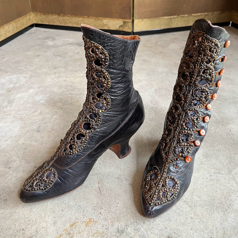 c. 1910s Studded Leather Cutout Boots