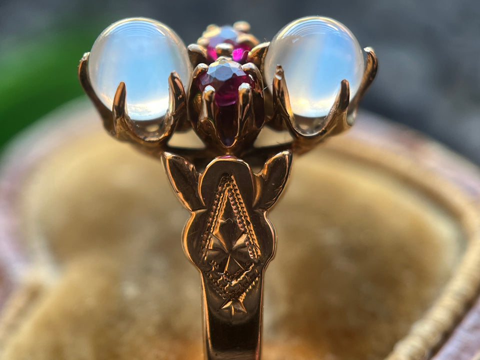 c. 1880s-1890s 10k Gold Moonstone Ruby Ring