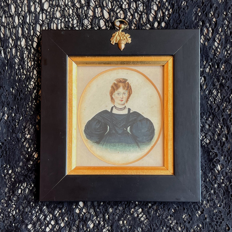 1830s Framed Miniature Portrait Painting | Signed J. Wood 1832