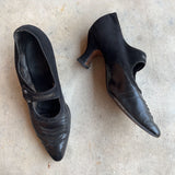 c. 1910s-1920s Black Leather Witchy Heels | Approx Sz 8.5-9