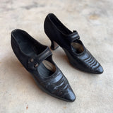 c. 1910s-1920s Black Leather Witchy Heels | Approx Sz 8.5-9