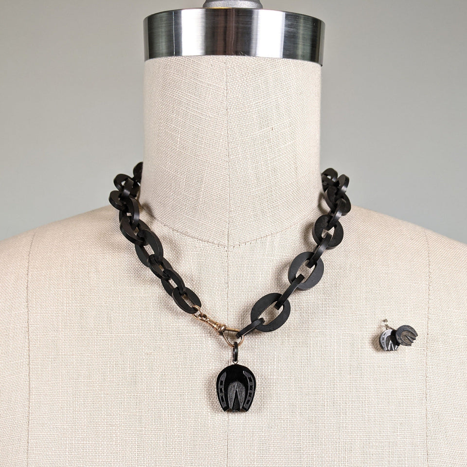 Carved Jet Horseshoe Demi-Parure Earrings + Pendant