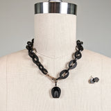 Carved Jet Horseshoe Demi-Parure Earrings + Pendant