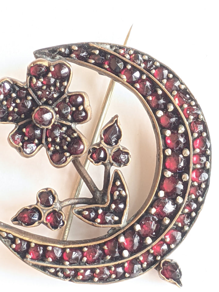1890s Bohemian Garnet Flower Moon Brooch