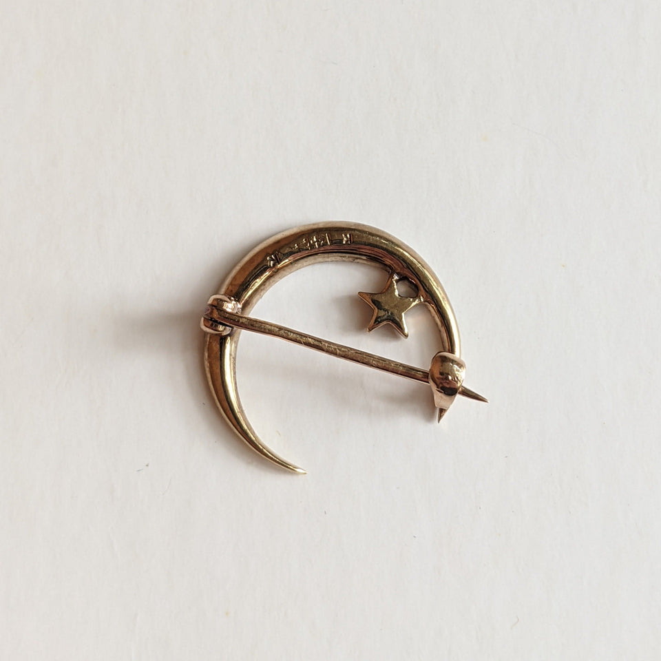 1910s 14k Gold Crescent Moon + Star Brooch