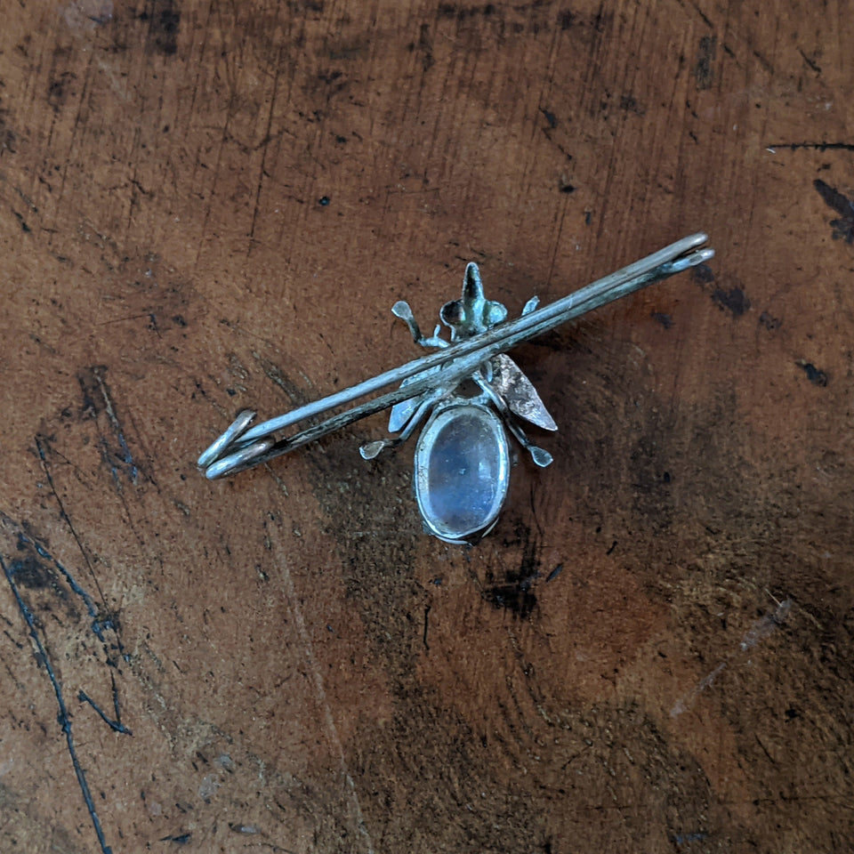 1900s Silver Fly Moonstone Pin