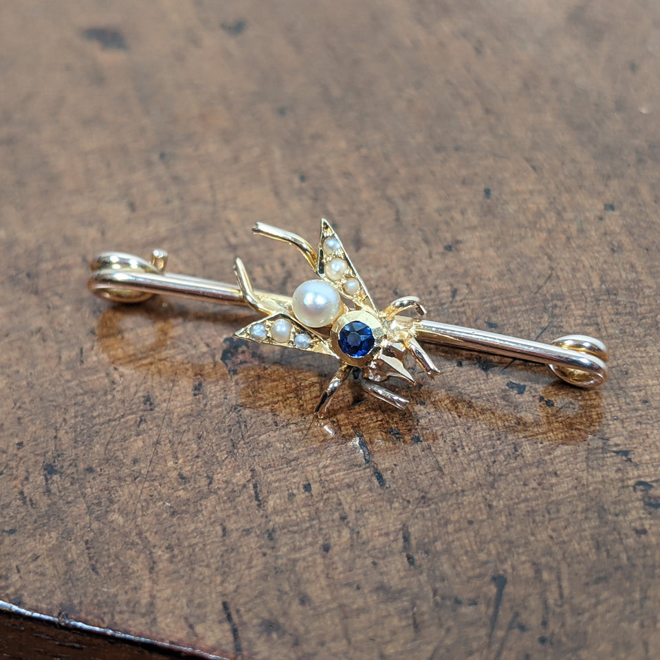 1900s 14k Sapphire + Pearl Fly Pin