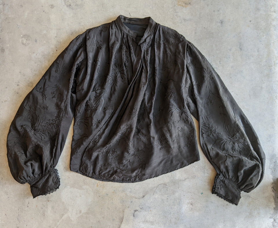 1900s Black Silk Bishop Sleeve Wrap Blouse