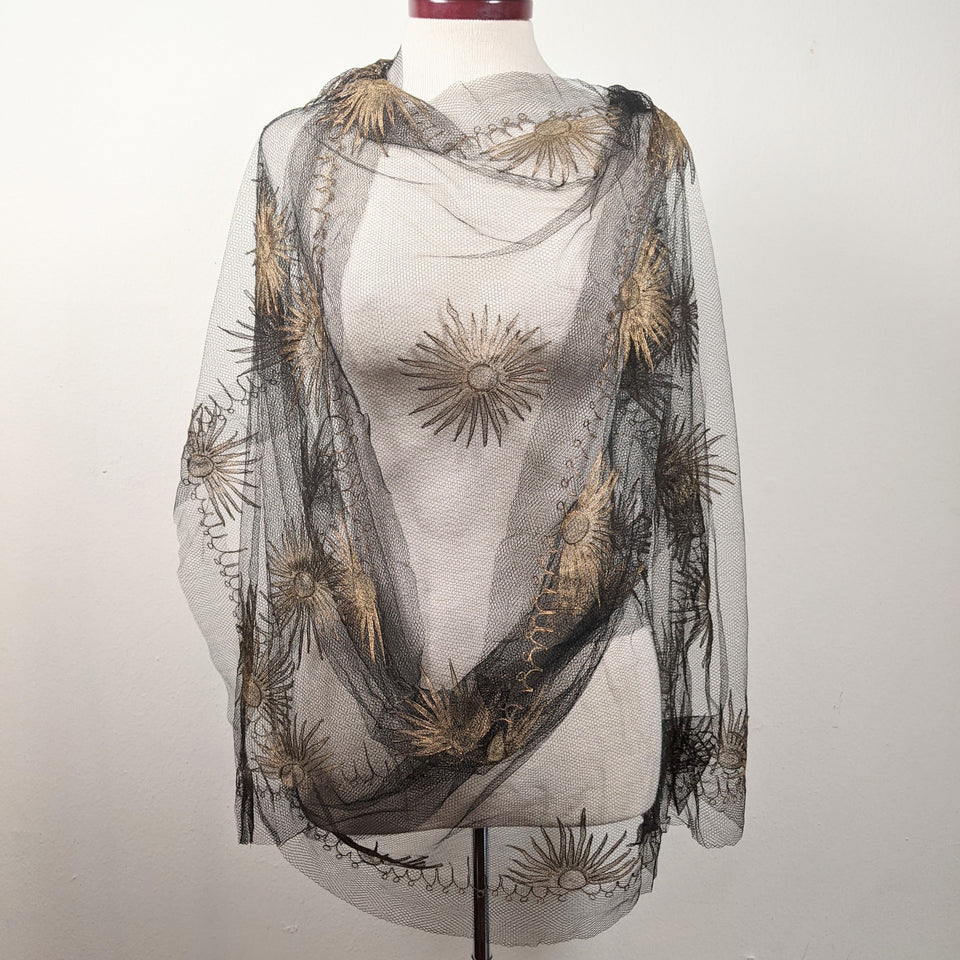 1920s Black + Gold Metallic Embroidered Sun Shawl