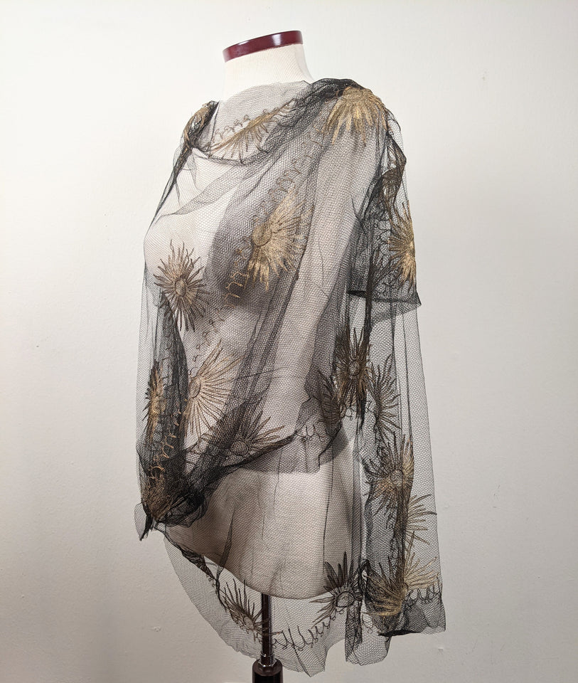 1920s Black + Gold Metallic Embroidered Sun Shawl
