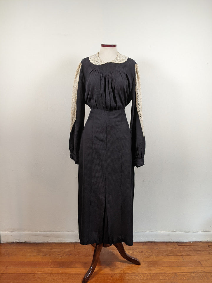 1930s Black Rayon + Lace Dress