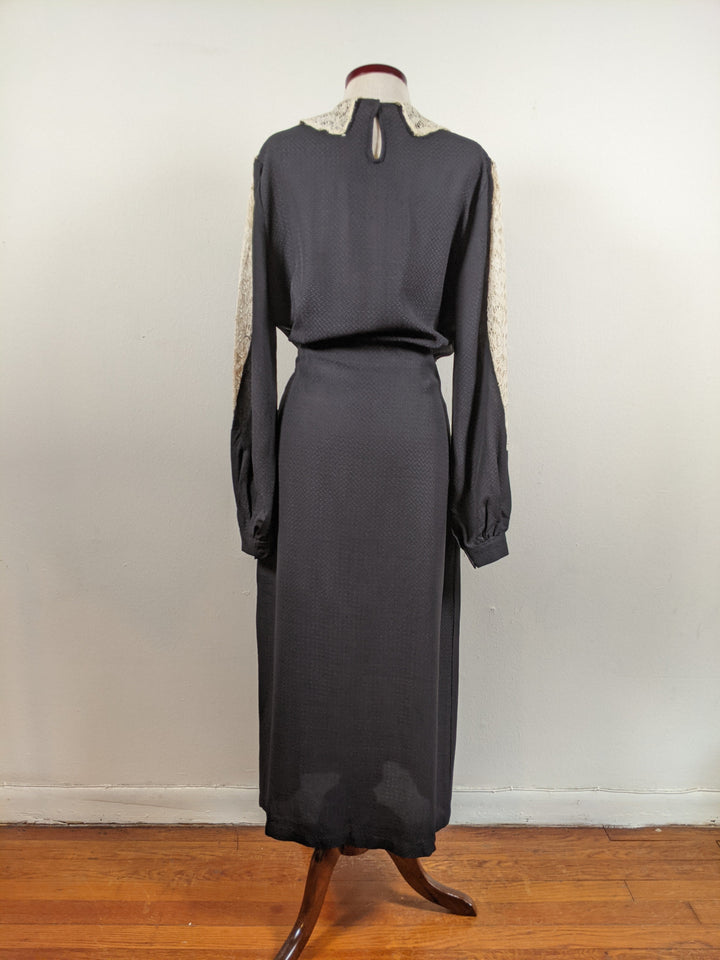 1930s Black Rayon + Lace Dress