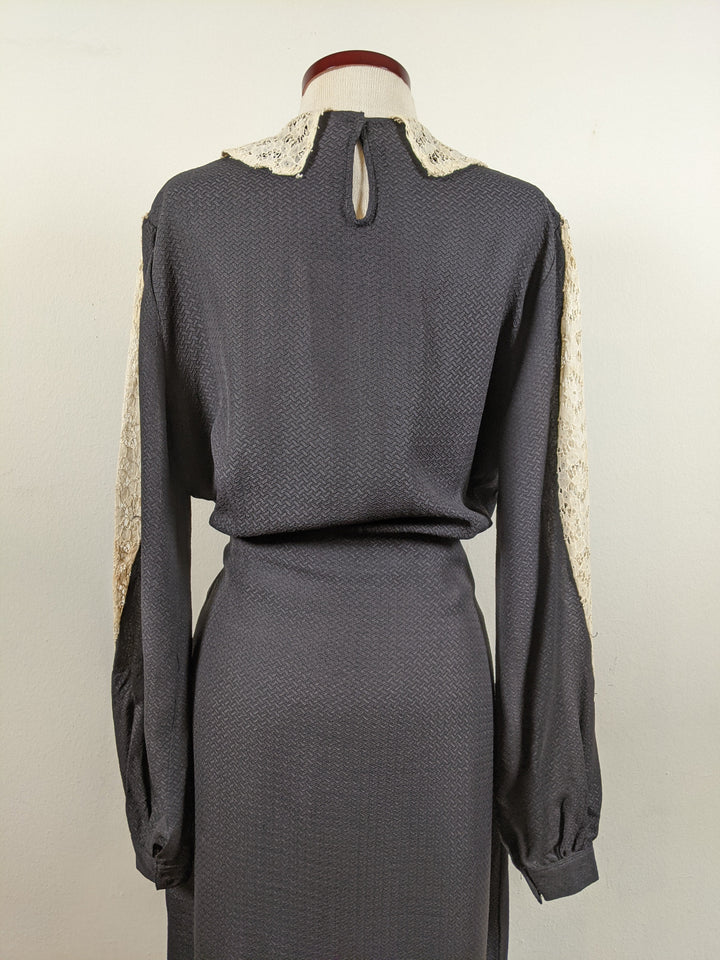 1930s Black Rayon + Lace Dress