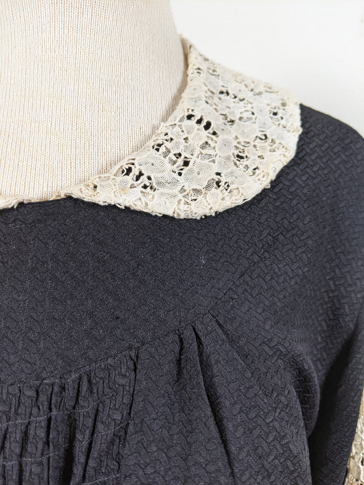 1930s Black Rayon + Lace Dress